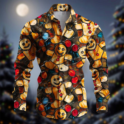 Men's Gingerbread Christmas Long Sleeve Button Shirt