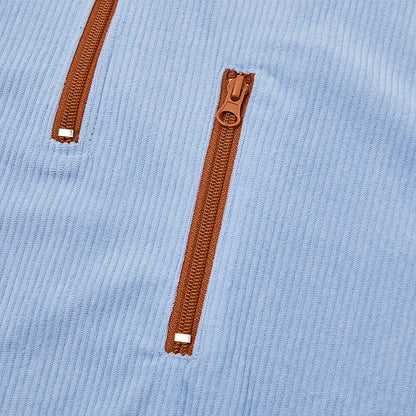 Patchwork Corduroy Zipped Henley Shirt