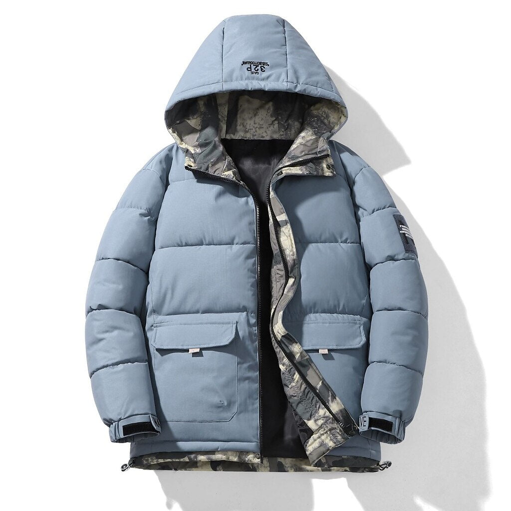 Men’s Quilted Hooded Patchwork Puffer Jacket – Everyday Warmth & Practical Style