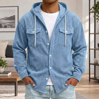 Textured Corduroy Hooded Shirt With Pocket