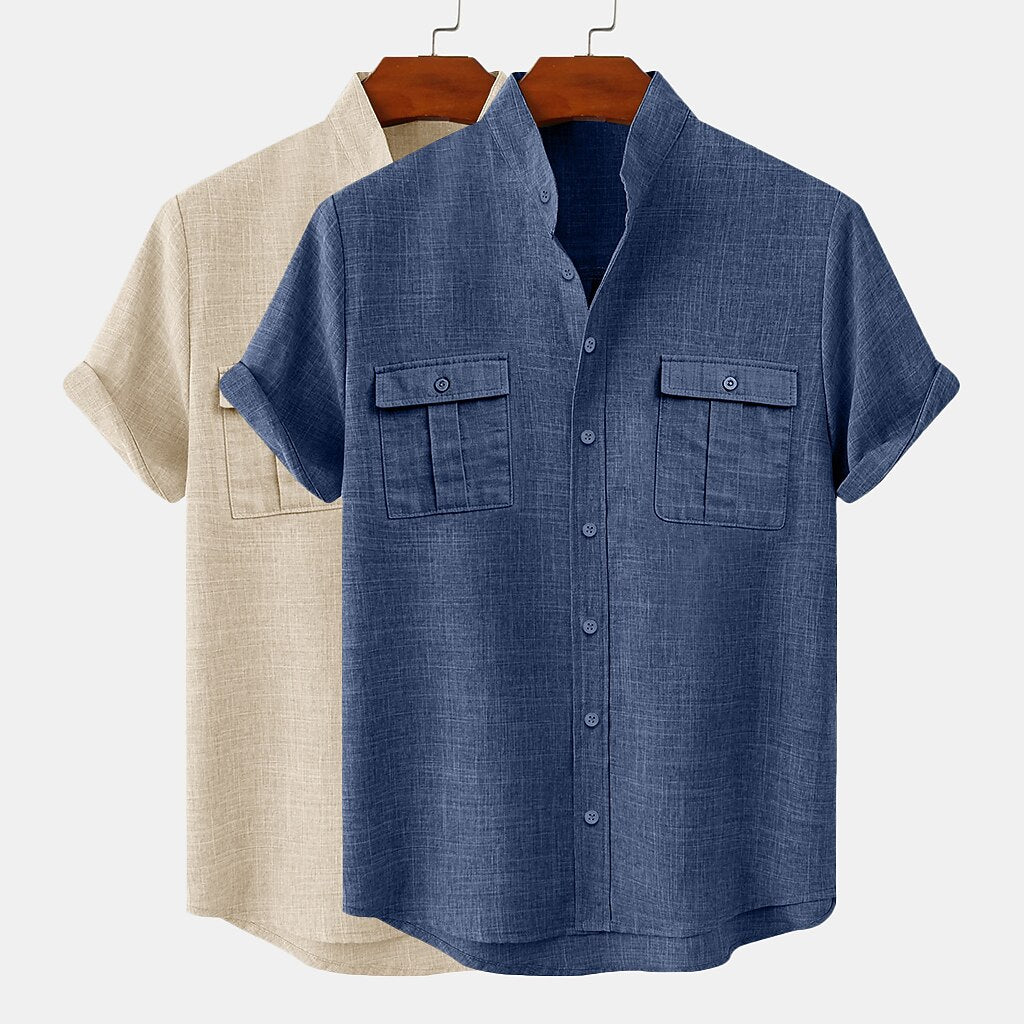 2-Pack Band Collar Linen Shirts