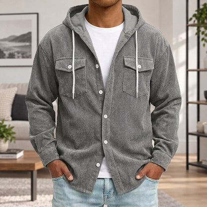 Textured Corduroy Hooded Shirt With Pocket