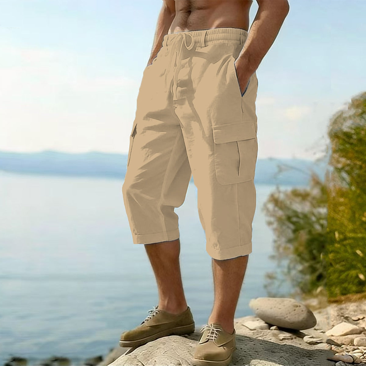 Men's Cotton Linen Shorts - Elastic Waist Multi Pockets