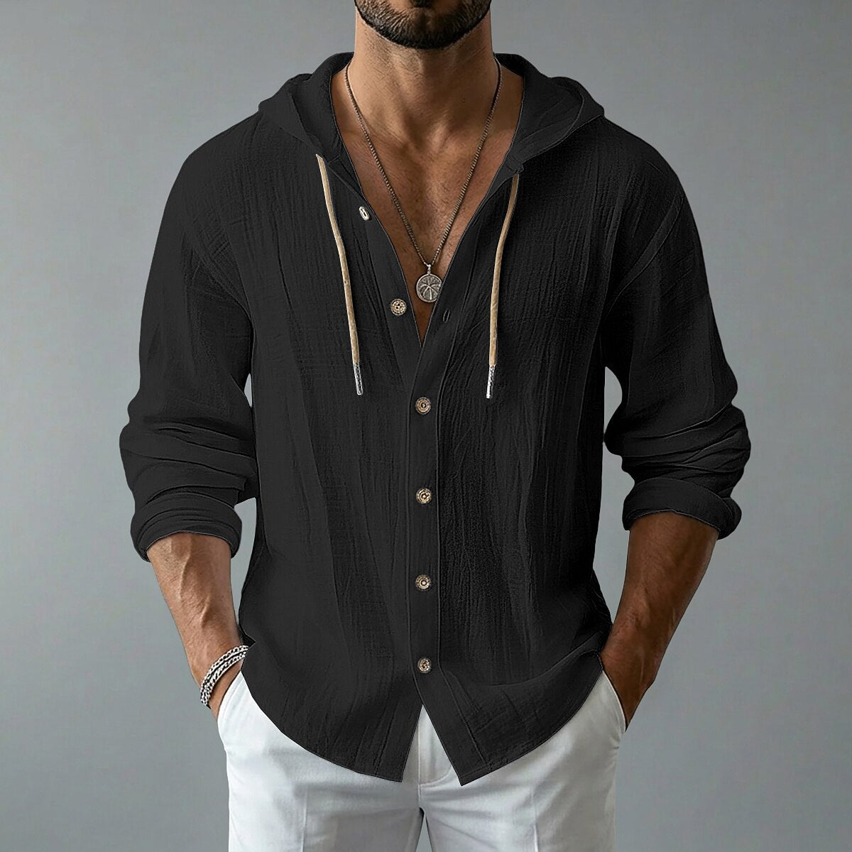 Lightweight Button Up Linen Hooded Shirt