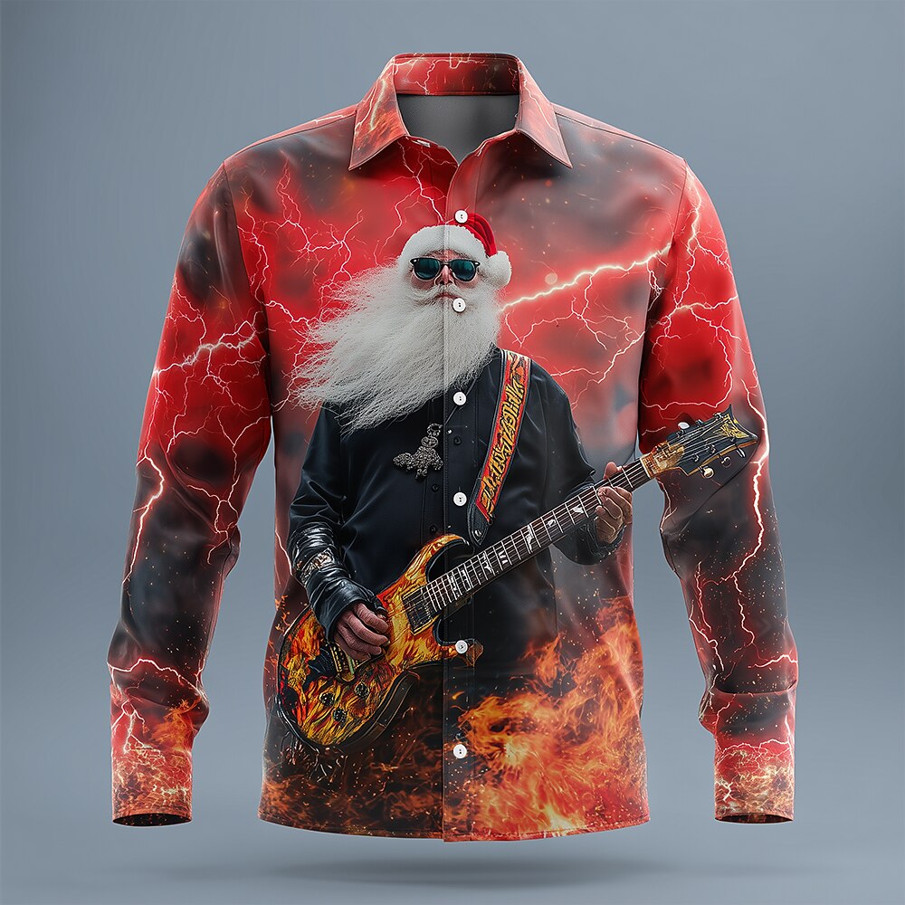 Christmas Santa Rock Guitar Button Shirt