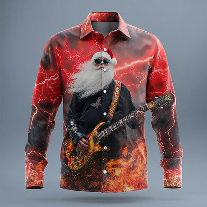 Christmas Santa Rock Guitar Button Shirt