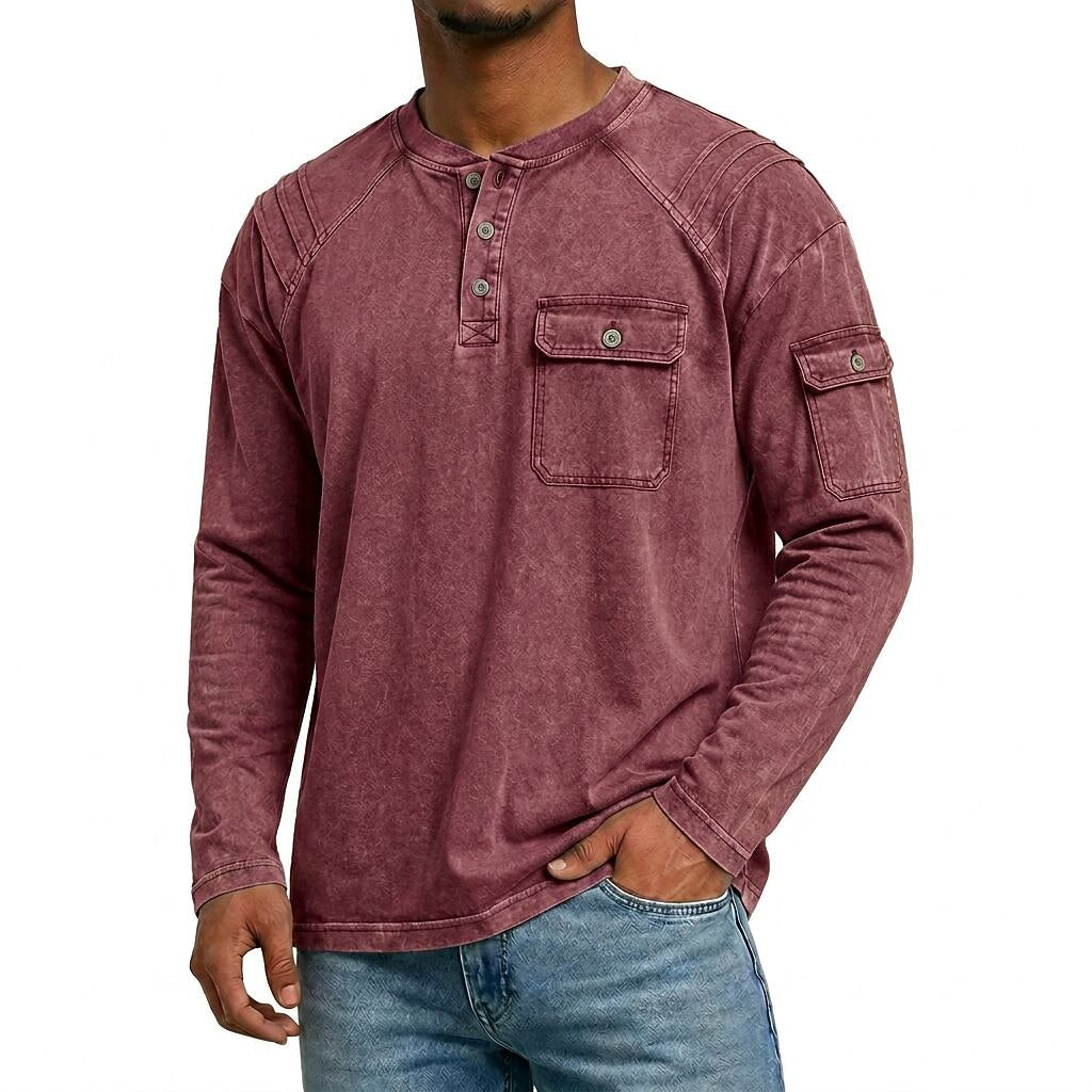 Vintage Stand Collar Washed Cotton Henley