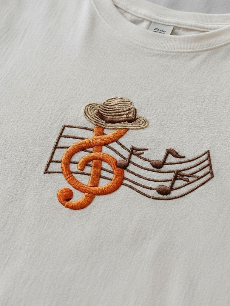 Close-up of a LoomBasics white cotton tee with an orange treble clef and hat embroidery.