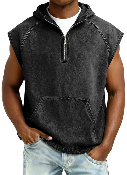 Men's Acid Washed Cotton Tank Top -Sleeveless Hooded Zip Top