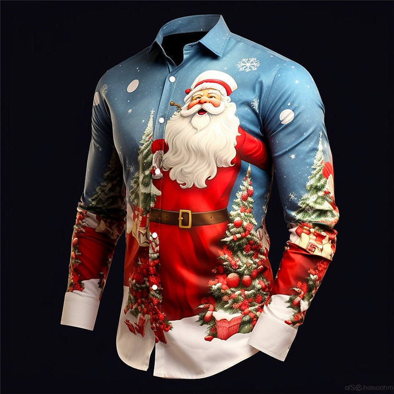 Christmas Santa Holiday Stretch Button Shirt