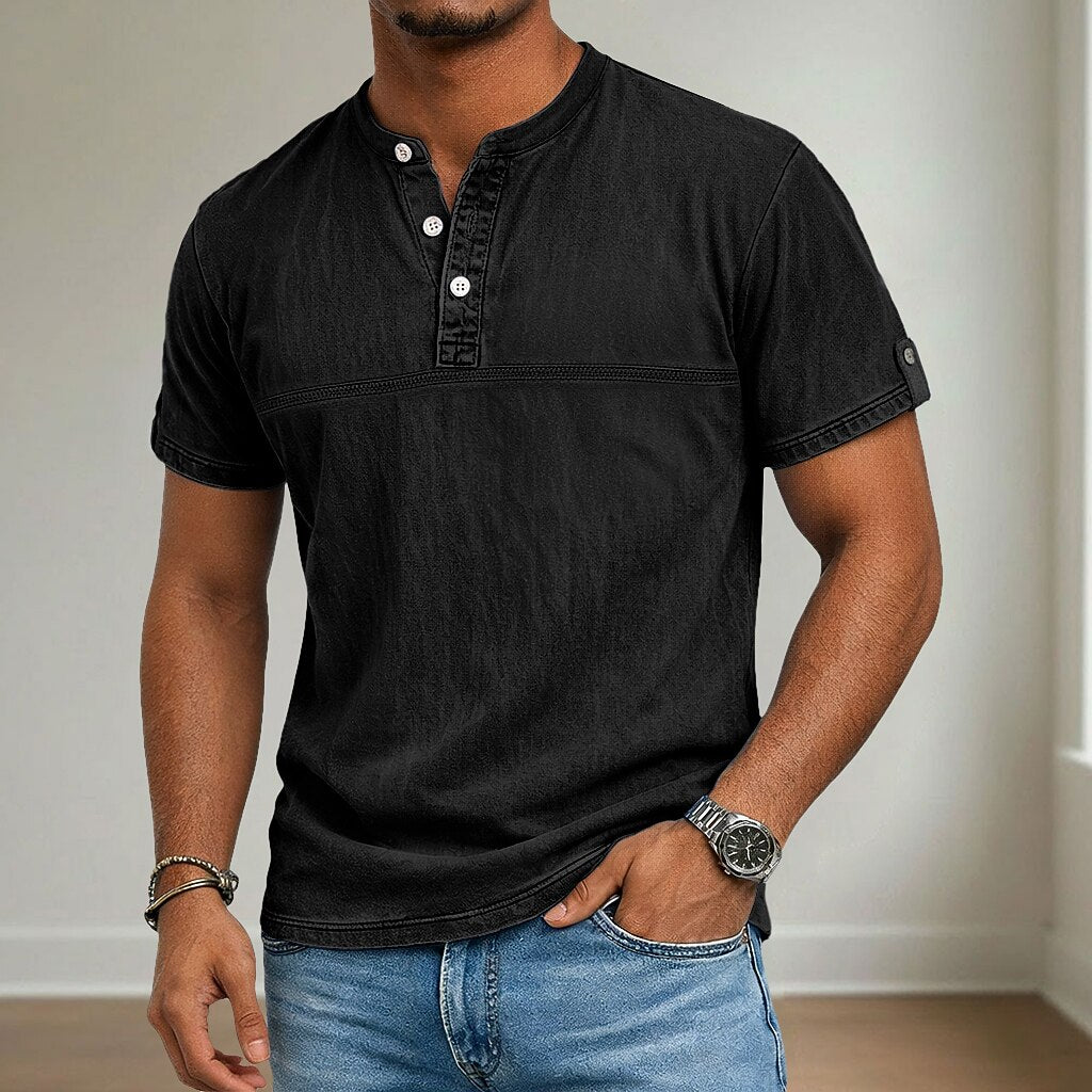 100% Cotton Henley T-Shirt-Vintage Washed Look
