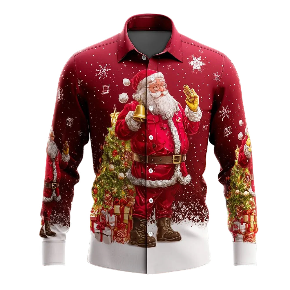 Christmas Santa Tree Bell Button Shirt