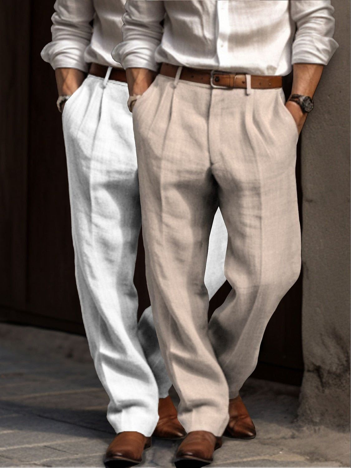 Men's Linen Dress Pants - Pleated Pants Straight Leg for Summer Comfort