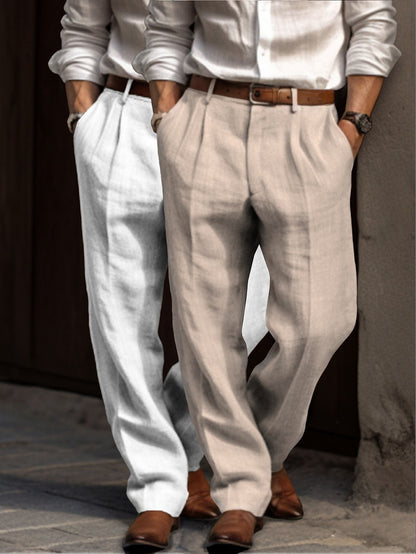 Men's Linen Dress Pants - Pleated Pants Straight Leg for Summer Comfort