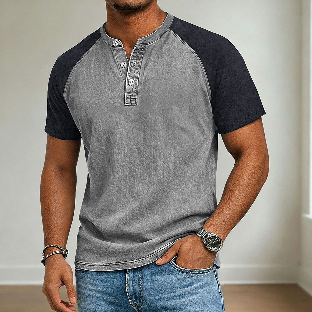 Men's Henley Shirt-100% Cotton Short Sleeve, Color Block Patchwork