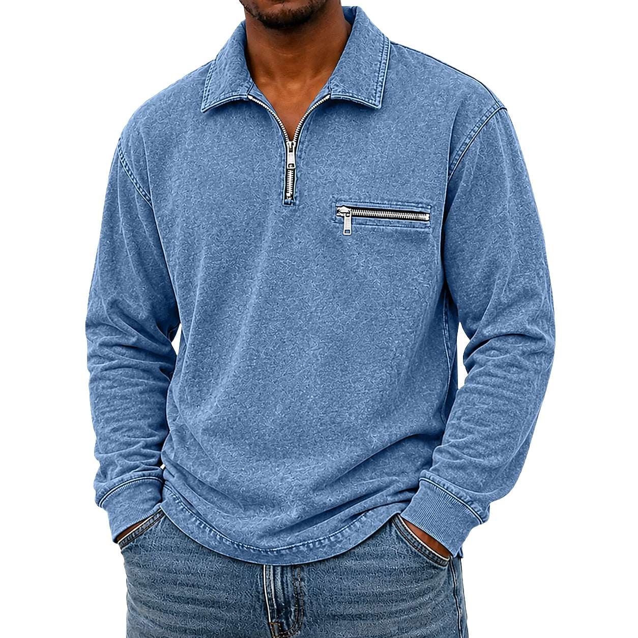 Broken-In Zip Up Cotton Polo Shirt
