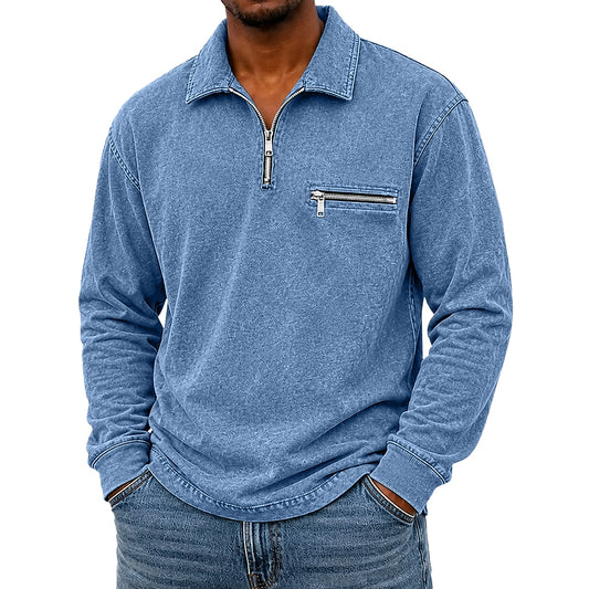 Broken-In Zip Up Cotton Polo Shirt