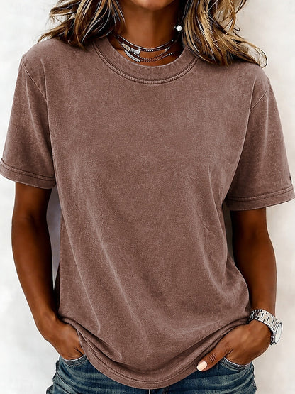Woman wearing a brown 100% cotton crew neck tshirt by LoomBasics