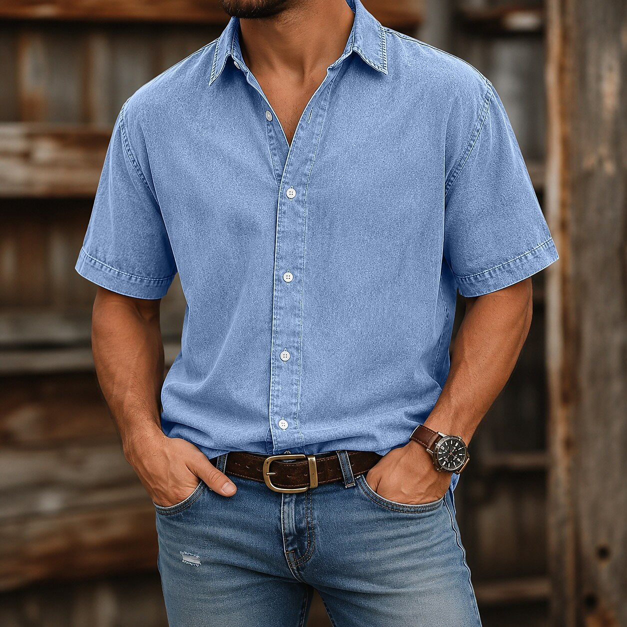 Broken-In Cotton Denim Shirt