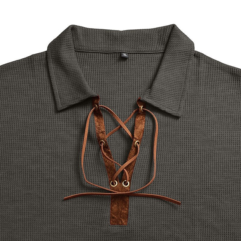 Vintage Lace-Up Collar Waffle Henley Shirt