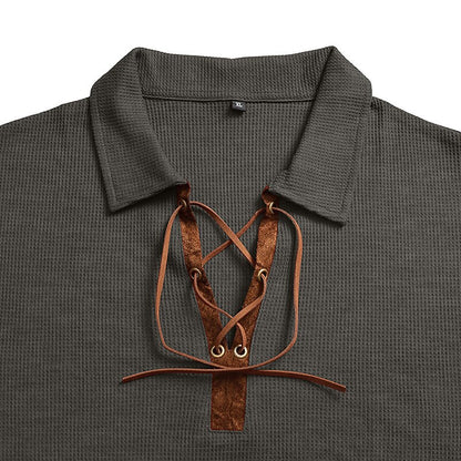 Vintage Lace-Up Collar Waffle Henley Shirt