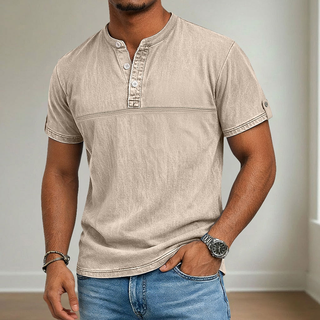 100% Cotton Henley T-Shirt-Vintage Washed Look