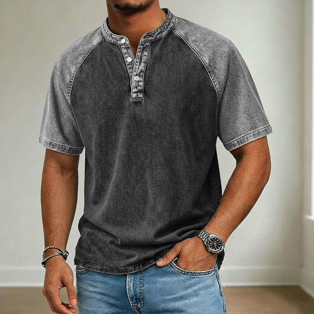 Broken-in Comfort Washed Cotton Denim Henley T-Shirt
