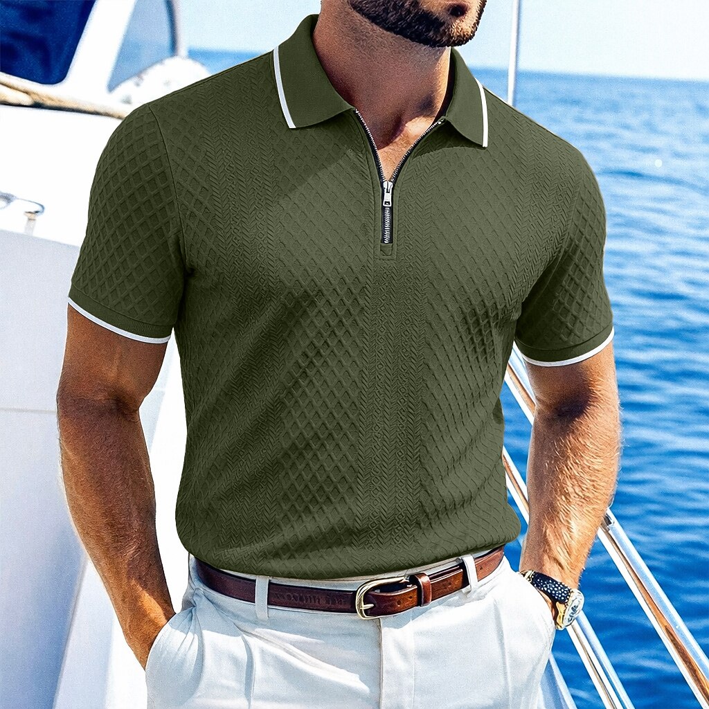 Zipper Textured Waffle Polo