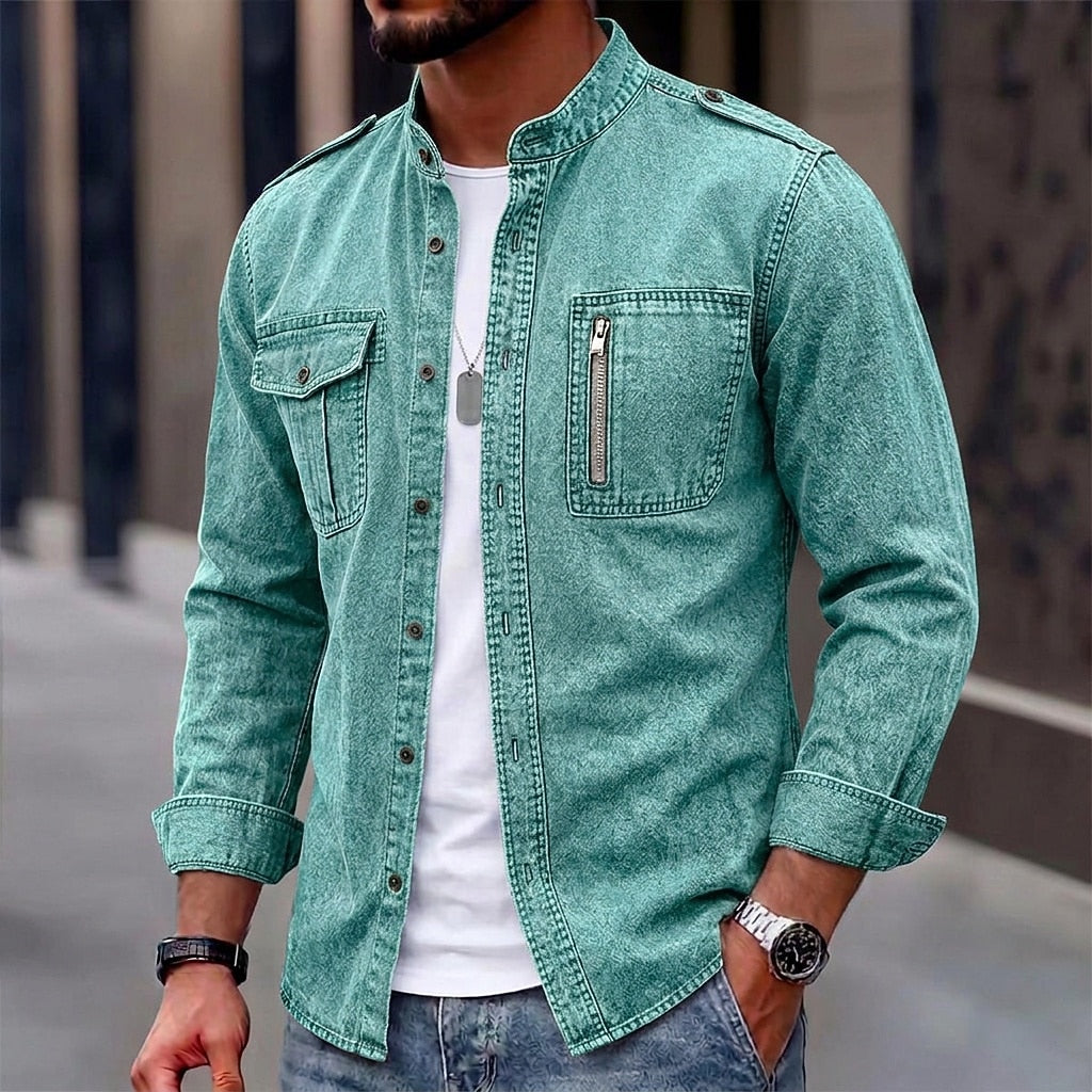 Washed Mandarin Collar Pocket Shirt