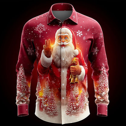 Christmas Santa Tree Bell Button Shirt