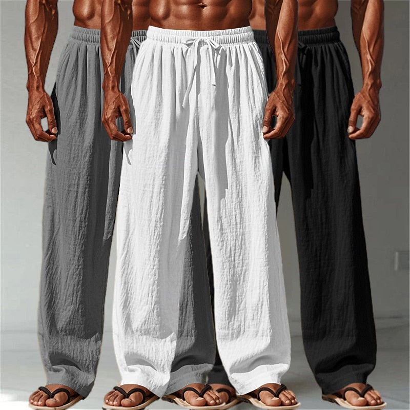 3PCS Cotton Linen Pants - Baggy Drawstring Casual Pants