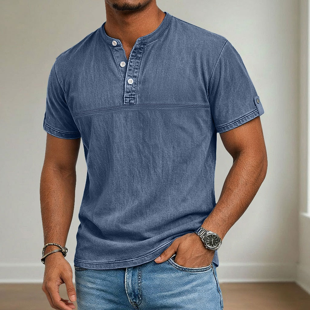 100% Cotton Henley T-Shirt-Vintage Washed Look