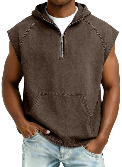Men's Acid Washed Cotton Tank Top -Sleeveless Hooded Zip Top