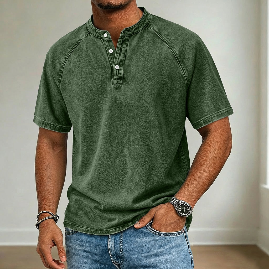 Retro 100% Cotton Demin Henley T-Shirt