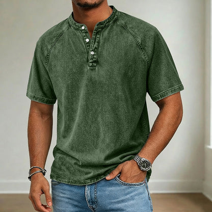 Retro 100% Cotton Demin Henley T-Shirt