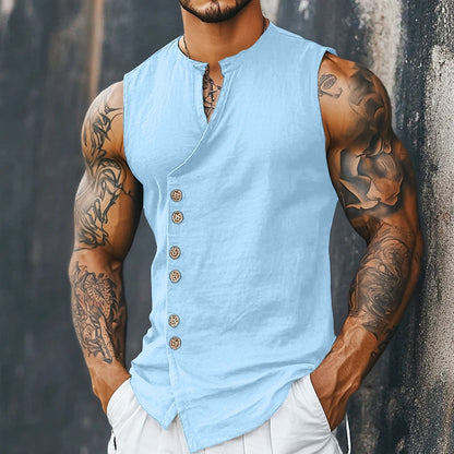 Men’s Sleeveless Linen Shirt - Mandarin Collar