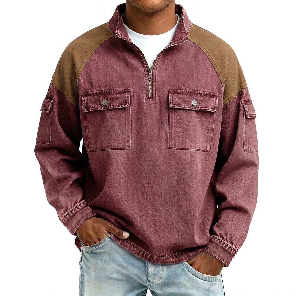 Broken-in Cotton Colorblock Zipped Henley Shirt