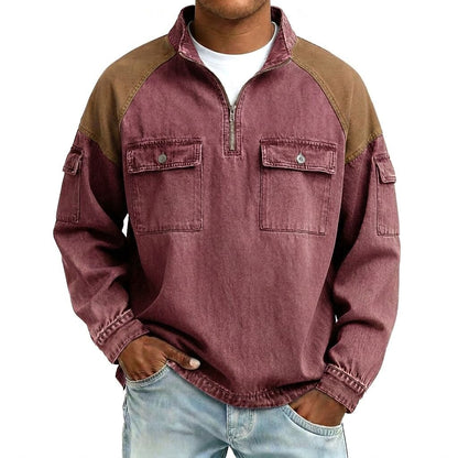Broken-in Cotton Colorblock Zipped Henley Shirt