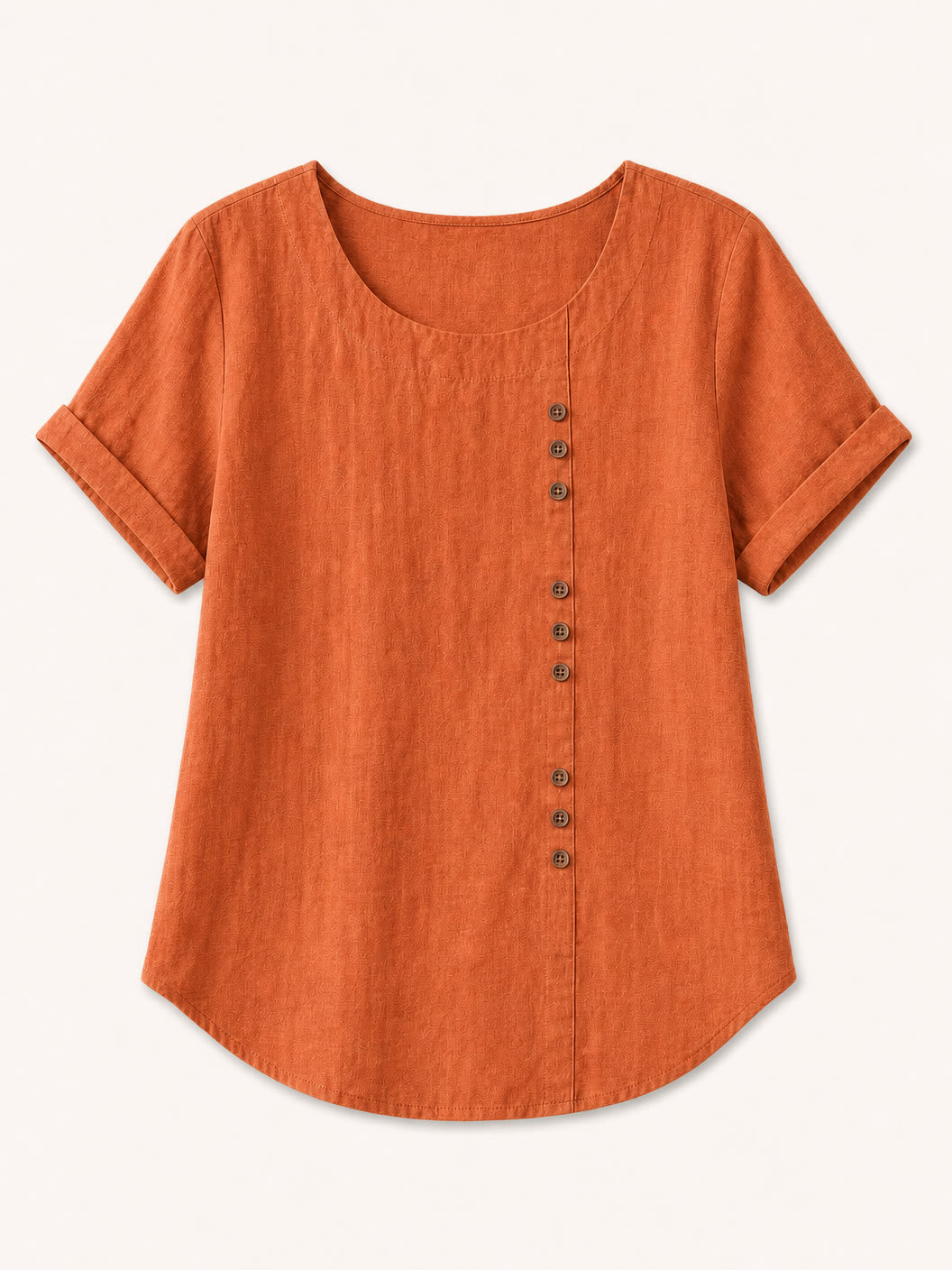 LoomBasics burnt orange 100% cotton blouse with short sleeves and partial button placket