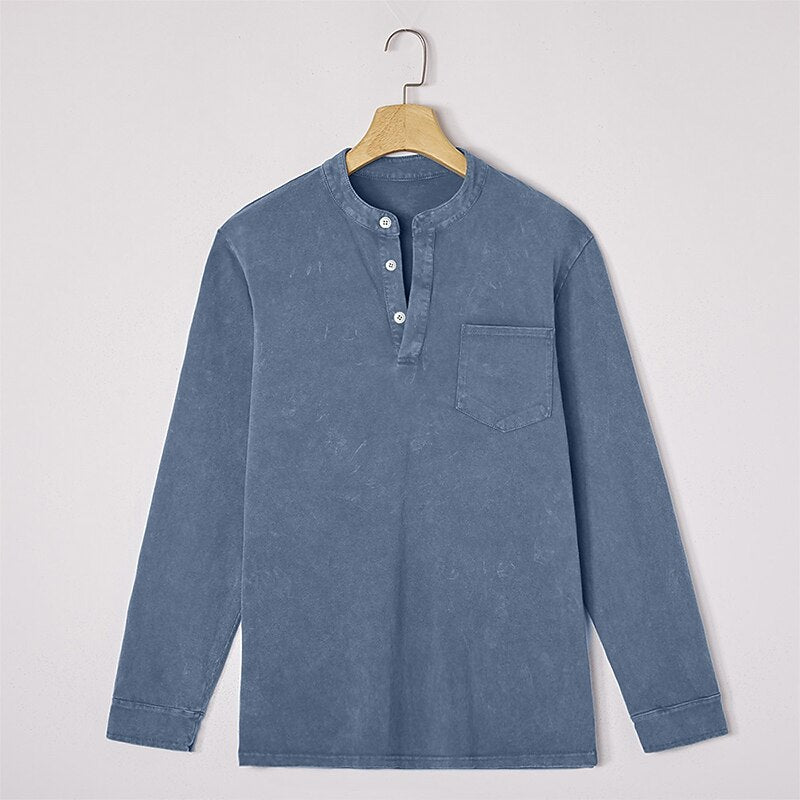 100% Cotton Henley T-Shirt-Vintage Washed Look