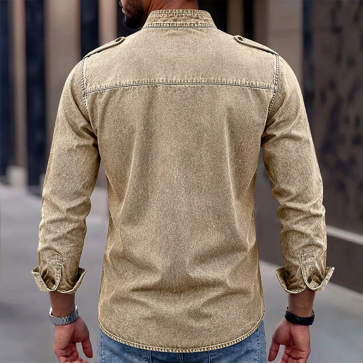 Washed Mandarin Collar Pocket Shirt
