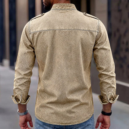 Washed Mandarin Collar Pocket Shirt