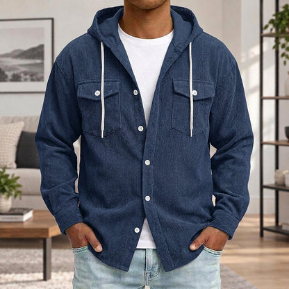Textured Corduroy Hooded Shirt With Pocket