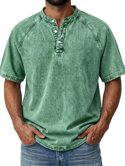 Men's Retro Henley Tee-100% Cotton, Vintage Washed Short Sleeve