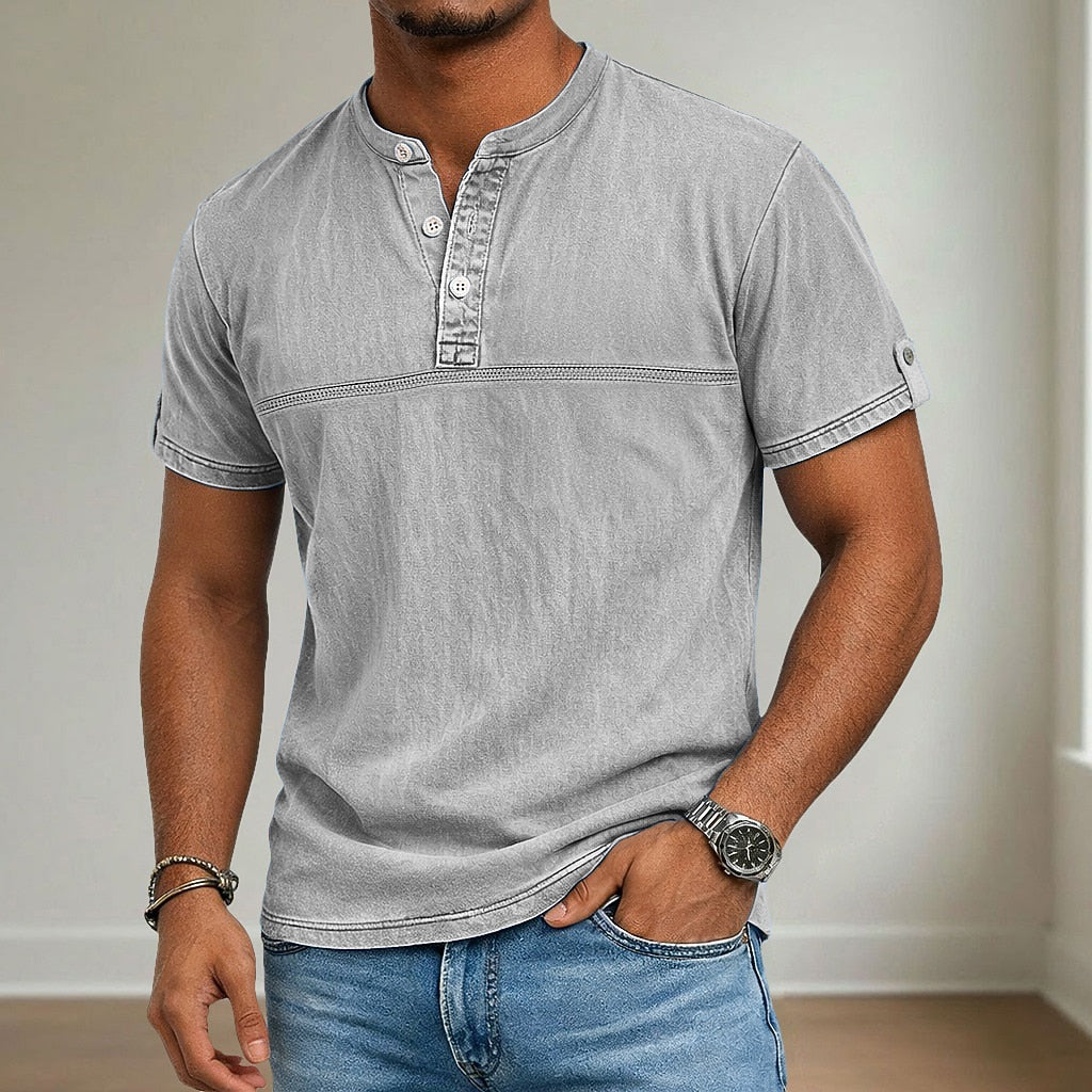 100% Cotton Henley T-Shirt-Vintage Washed Look