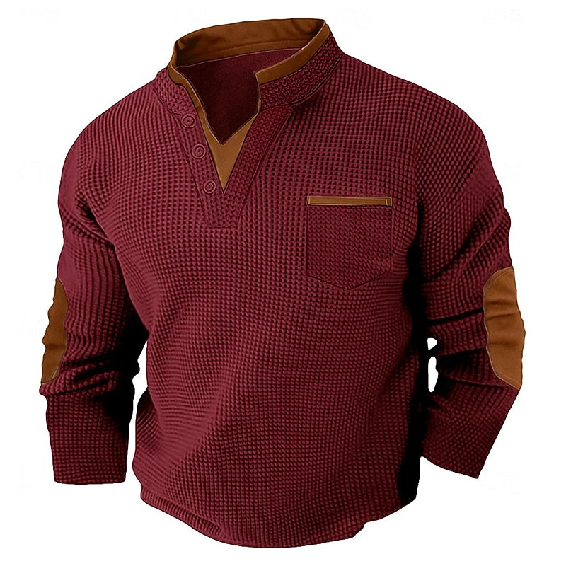 Colorblock V-neck Waffle Henley Shirts