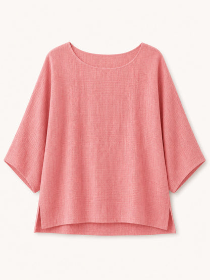 LoomBasics pink crew neck 100% cotton blouse with short wide sleeves