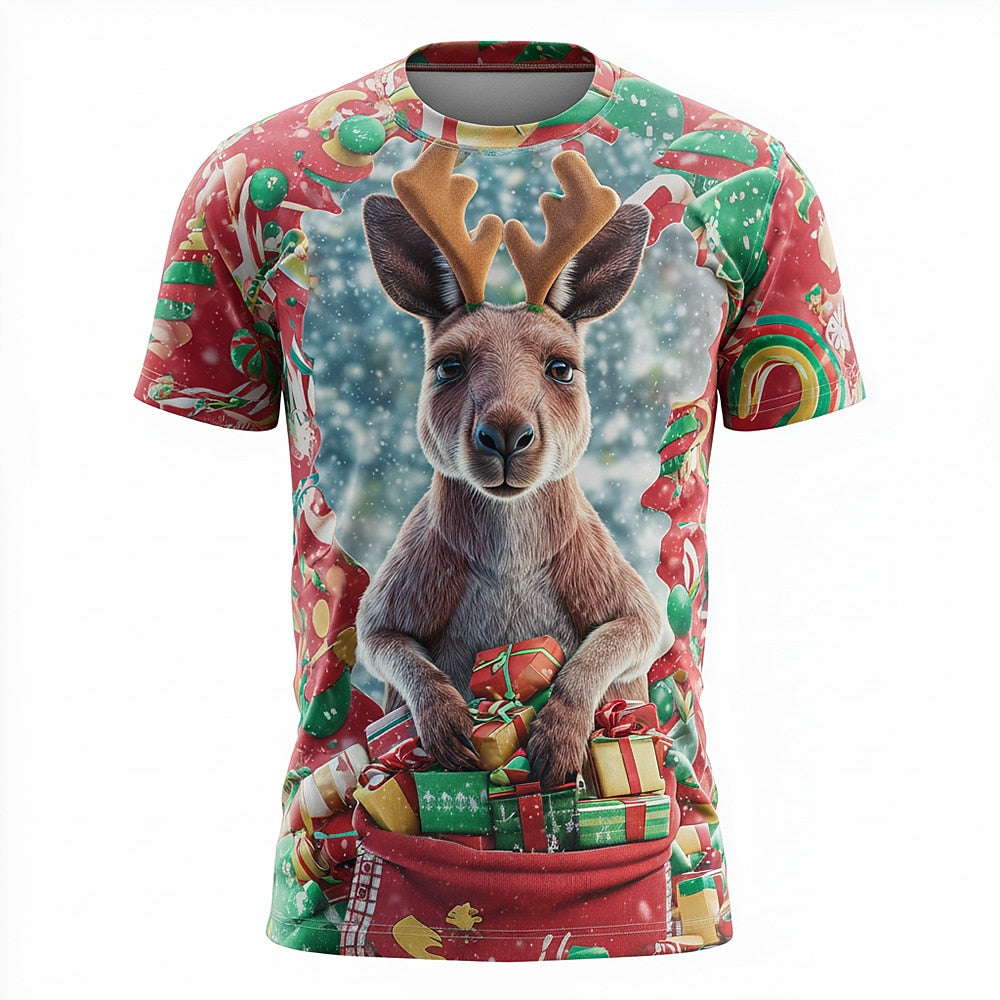 Men's Christmas Kangaroo Reindeer Holiday Tee