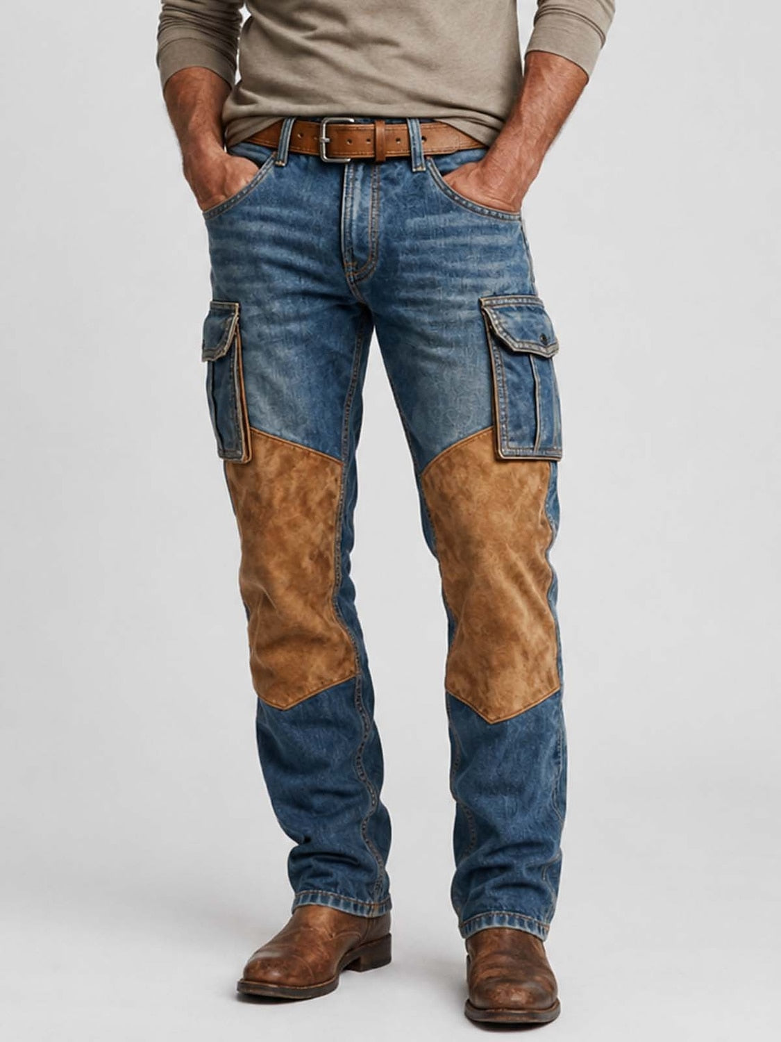 Broken-in Cotton Patchwork Denim Pants