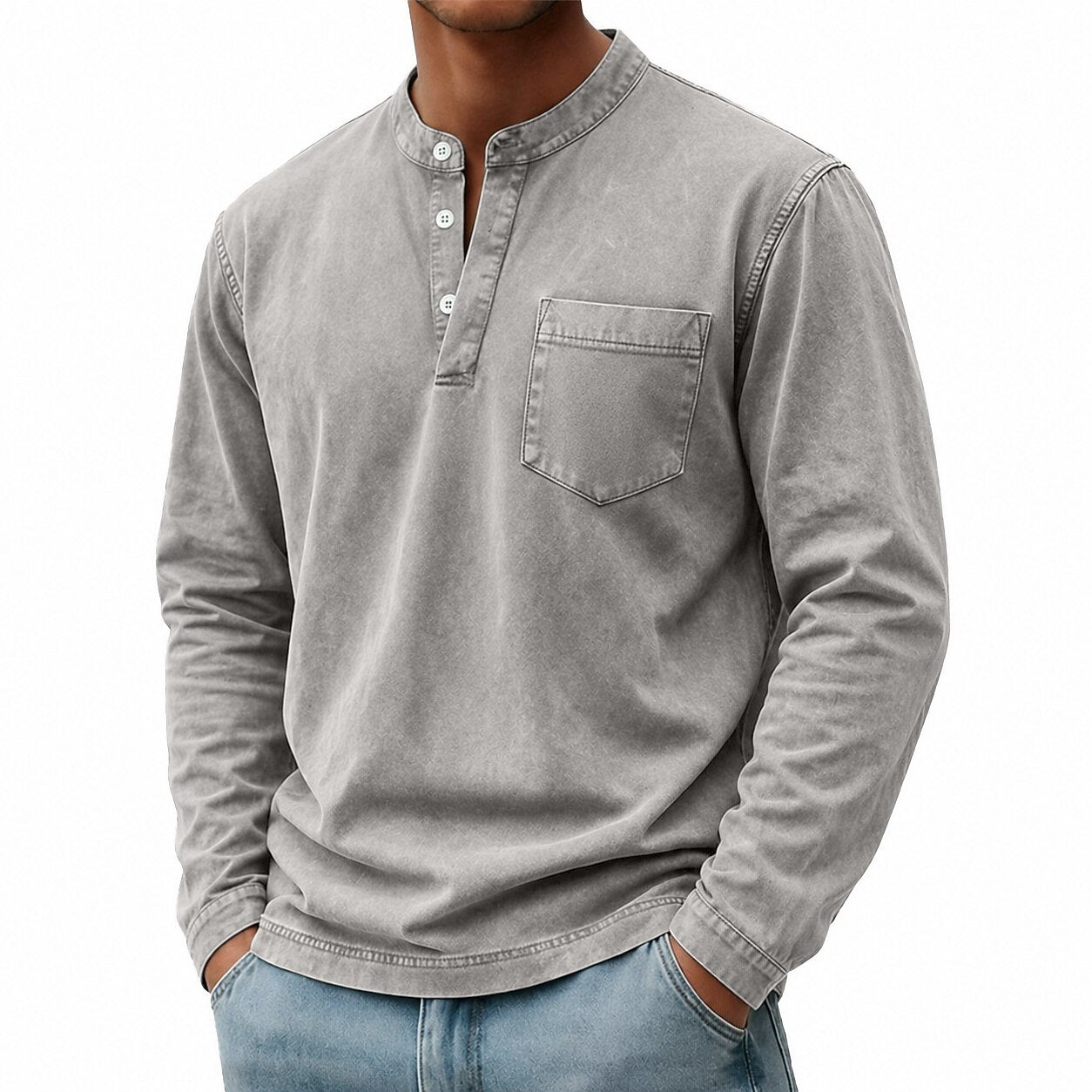 100% Cotton Henley T-Shirt-Vintage Washed Look